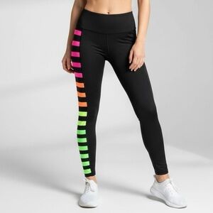 K-DEER Rainbow Stripe Sneaker Length Leggings Black Neon Size Small Yoga